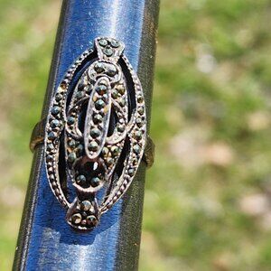 Vintage Sterling Silver Marcasite Oval Statement Ring Black Rhinestones Size 7
